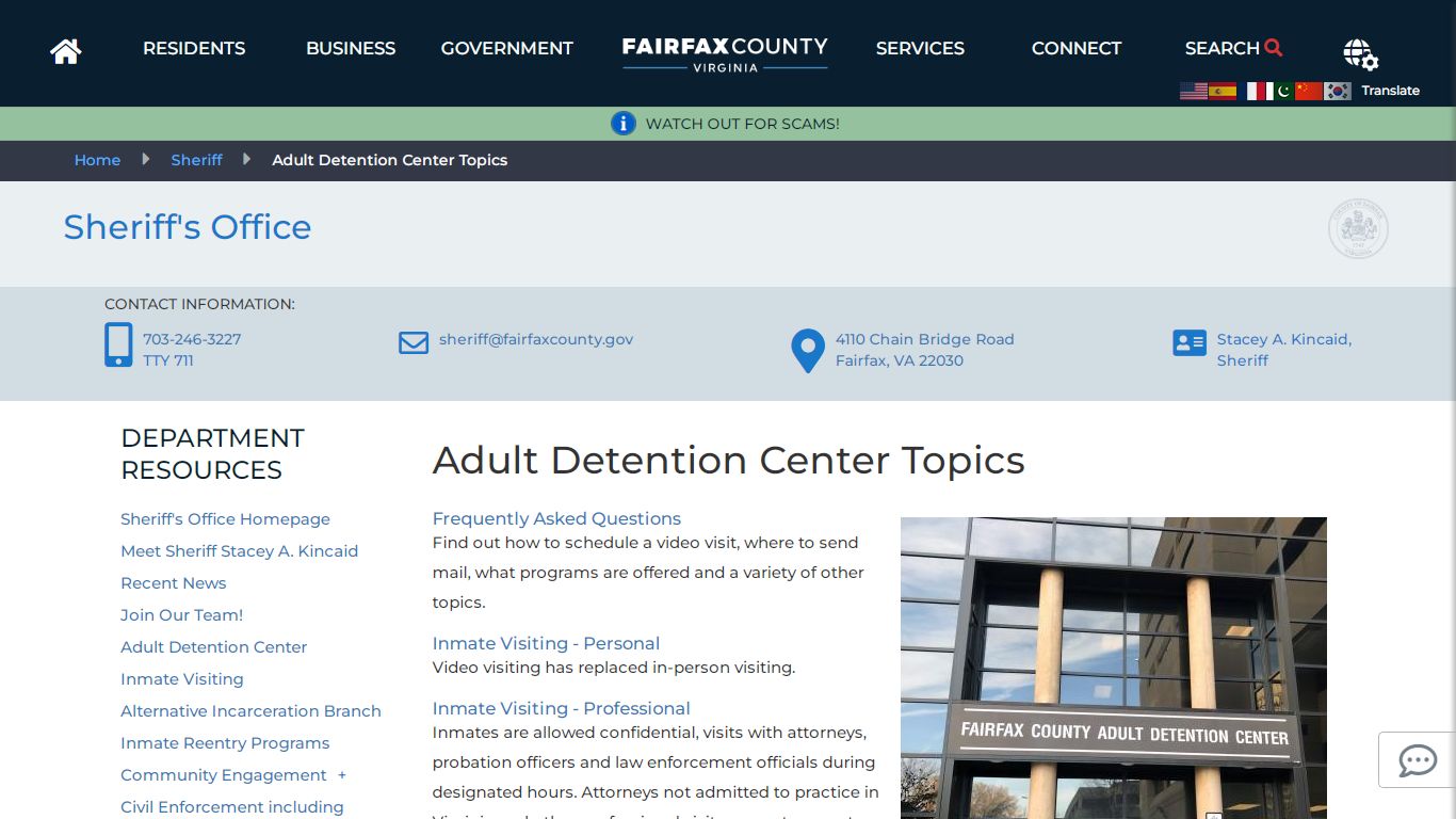 Adult Detention Center Topics | Sheriff - Fairfax County, Virginia